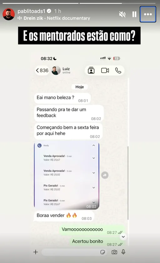 Mensagem de aluno mostrando vendas aprovadas e comemorando o resultado